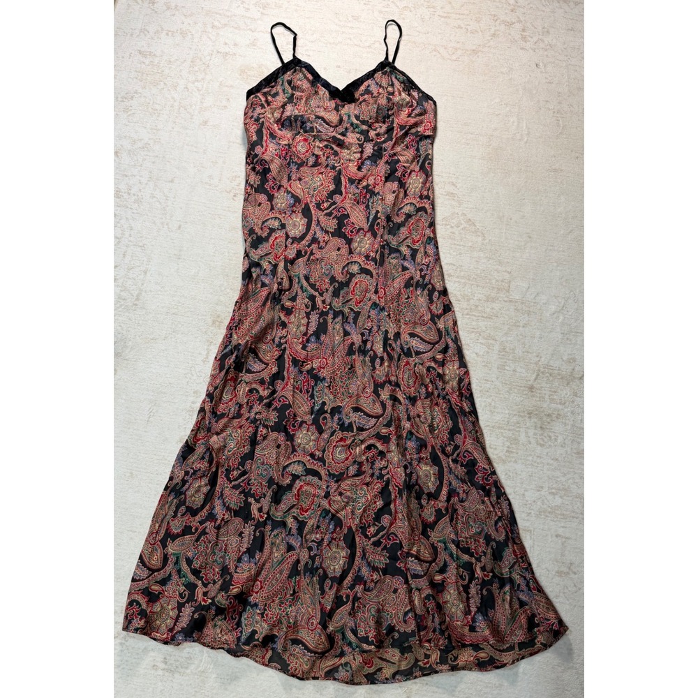 Valerie Stevens Pure Silk Paisley Maxi Slip Dress Velvet Trim Black Red Medium